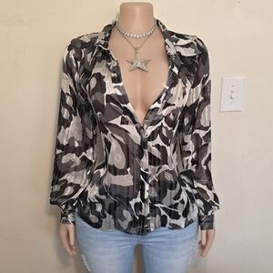 ☆White House Black Market Black & White Glittery Sheer Button-Up Blouse☆